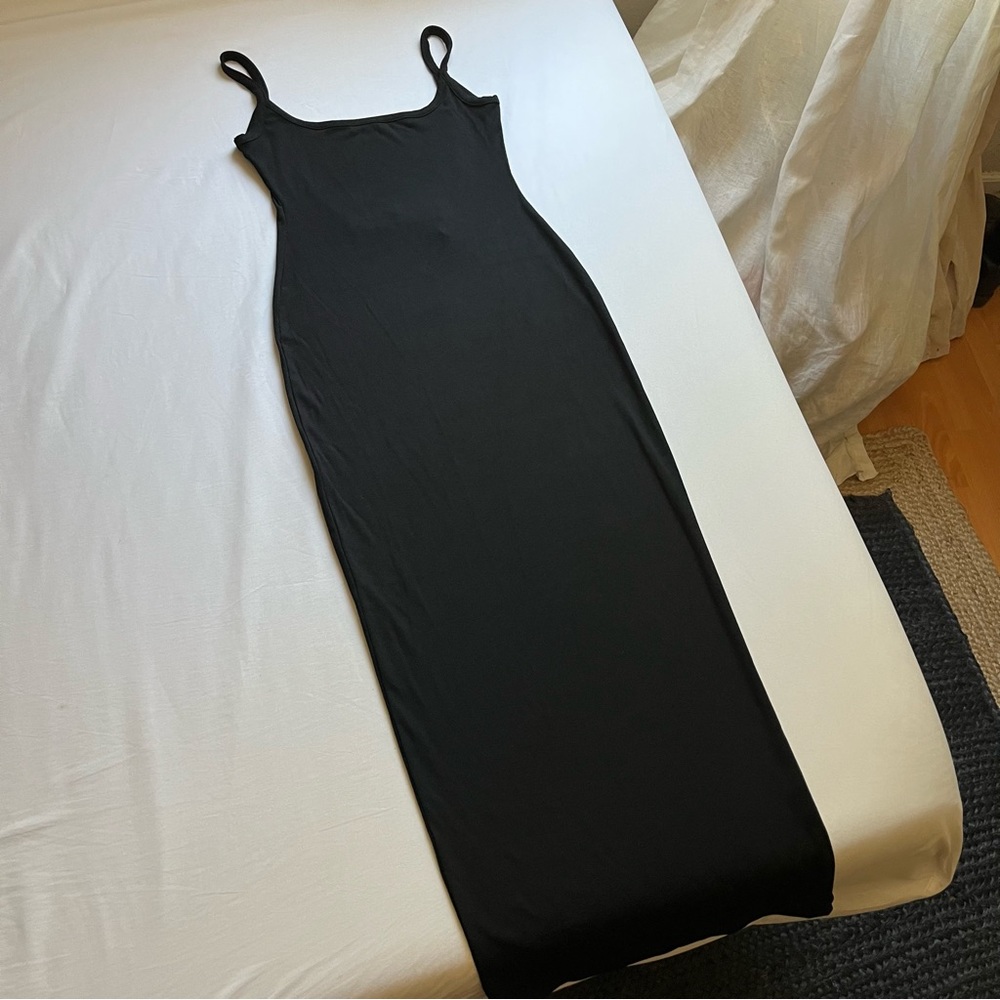 NWT ALL THINGS GOLDEN black rib knit Luxe low back sleeveless midi dress